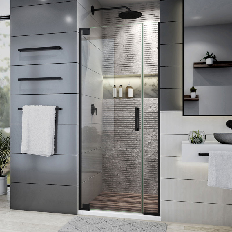 Porte de douche à pivot sans cadre avec technologie ClearMax l 34 po x H 72 po Elegance Plus, Noir satiné