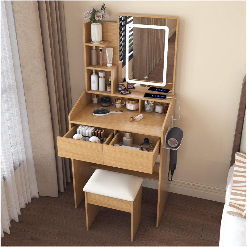 Vanity Table With LED-Illuminated Mirror, Power Outlet, Hairdryer Holder & Stool – Compact Dressing Desk For Small Bedrooms