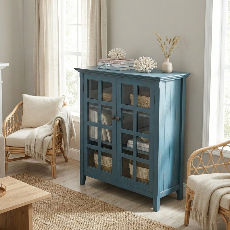 Acadian 39"W Solid Wood Transitional 6-Shelf Medium Storage Cabinet With Glass Doors And Adjustable Shelves