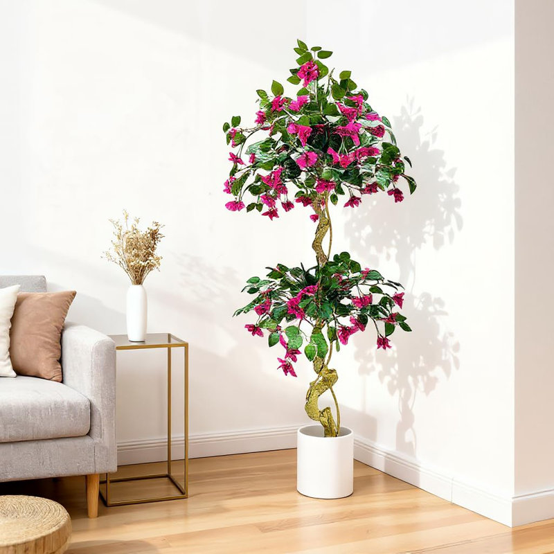 Artificial Bougainvillea Tree in White Pot, Large Fake Pink Flowers Wedding Decor Artificial Flowers for Outdoors Indoor, Faux Plant for Porch Patio Living Room Home Party Wedding Christmas