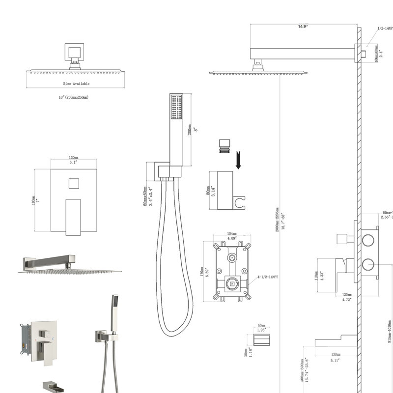 Système de douche avec bec de baignoire en cascade - Carré mural de 10 po en nickel brossé, 3 fonctions, douche à effet pluie, portatif, ensemble de machines Bec en nickel 10 po, composant portatif à pluie