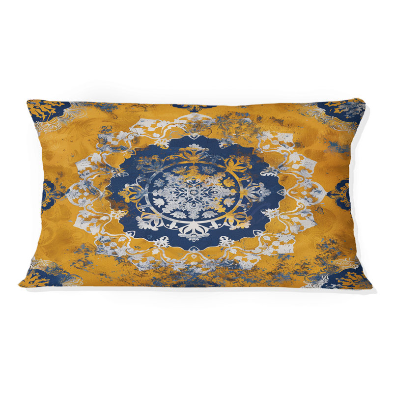 Coussin lombaire à motif mandala doré bleu et jaune d'inspiration bohémienne