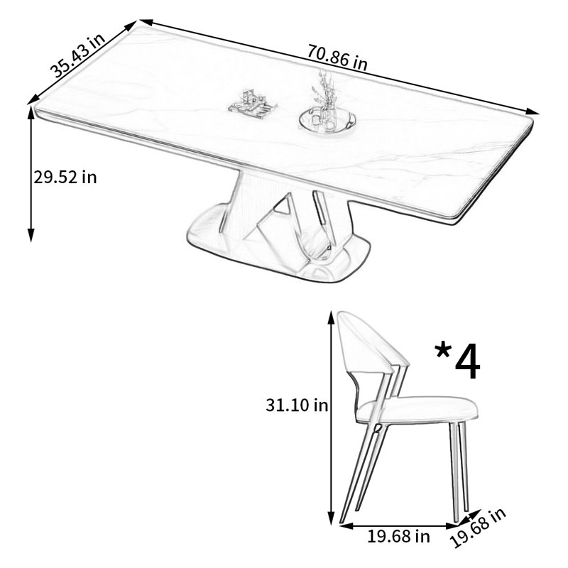 Ensemble de table et de chaises simple rectangulaire, H 29,52 po x L 70,86 po x l 35,43 po