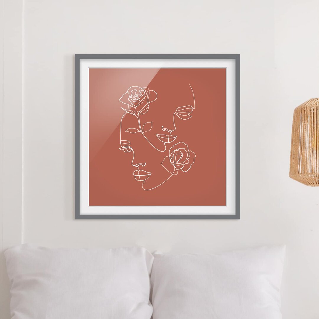 Gerahmtes Poster Line Art Faces Women Roses Copper