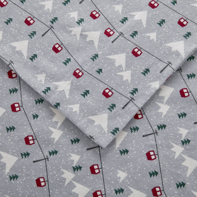 Woolrich 100% Cotton Flannel Sheet Set, King Sheet Set with 2 Pillowcases, Light Gray/Red/Green Christmas Tree