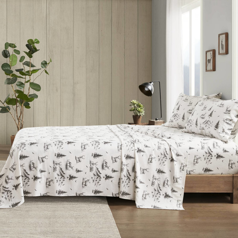 Drap-housse gris 4 pièces en cerf gris, flanelle 100% coton, côtés brossés pour plus de douceur, drap-housse élastique, avec 1 drap plat et 2 taies d'oreiller
