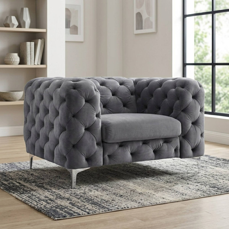 Willa 48" Wide Tufted Velvet Chesterfield Accent Chair with Chrome Legs, Gray Velvet, Chrome