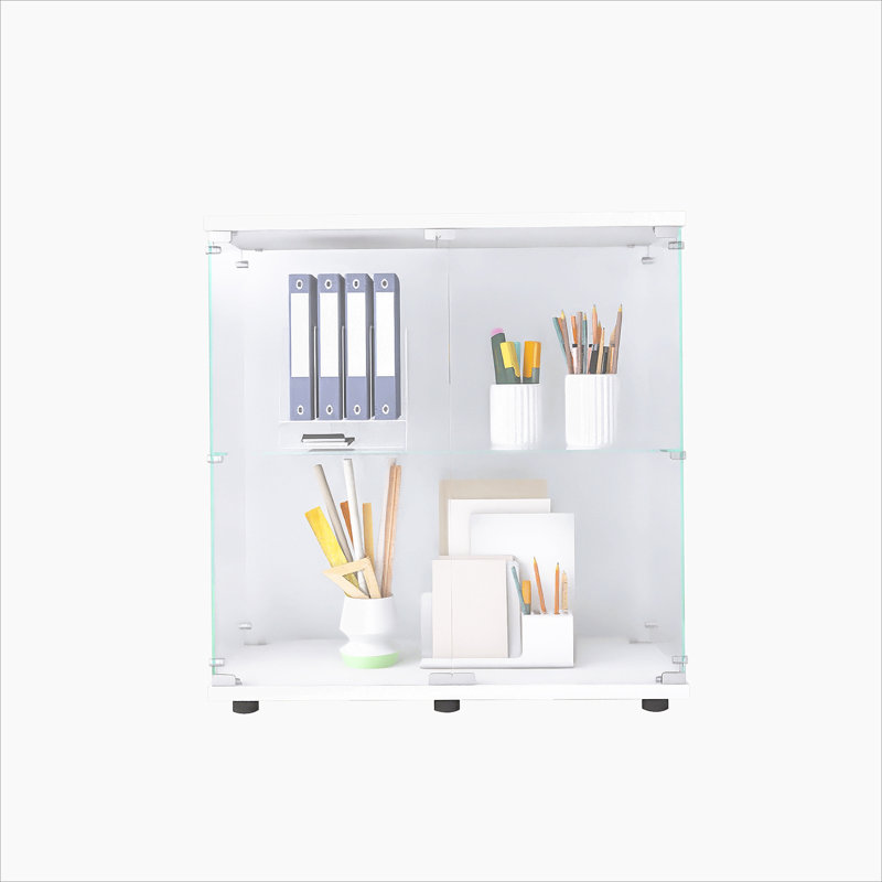 Vitrine en verre 2 couches avec 2 portes, armoires vitrées, vitrine de comptoir en verre avec serrure, verre trempé avec base en panneau de fibres à densité moyenne