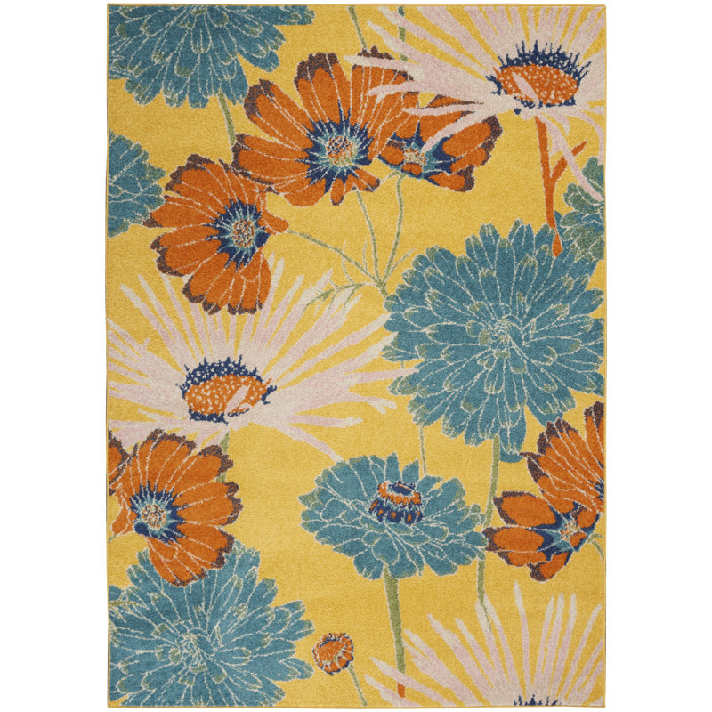 Tapis jaune à motif floral Lakenya, Rectangle 5 pi 3 po x 7 pi 3 po