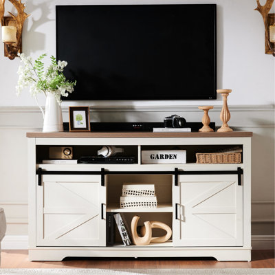 Meuble télé de 65 pouces et plus, centre de divertissement rustique avec porte coulissante, meuble télé blanc antique avec rangement multimédia et meuble télé design