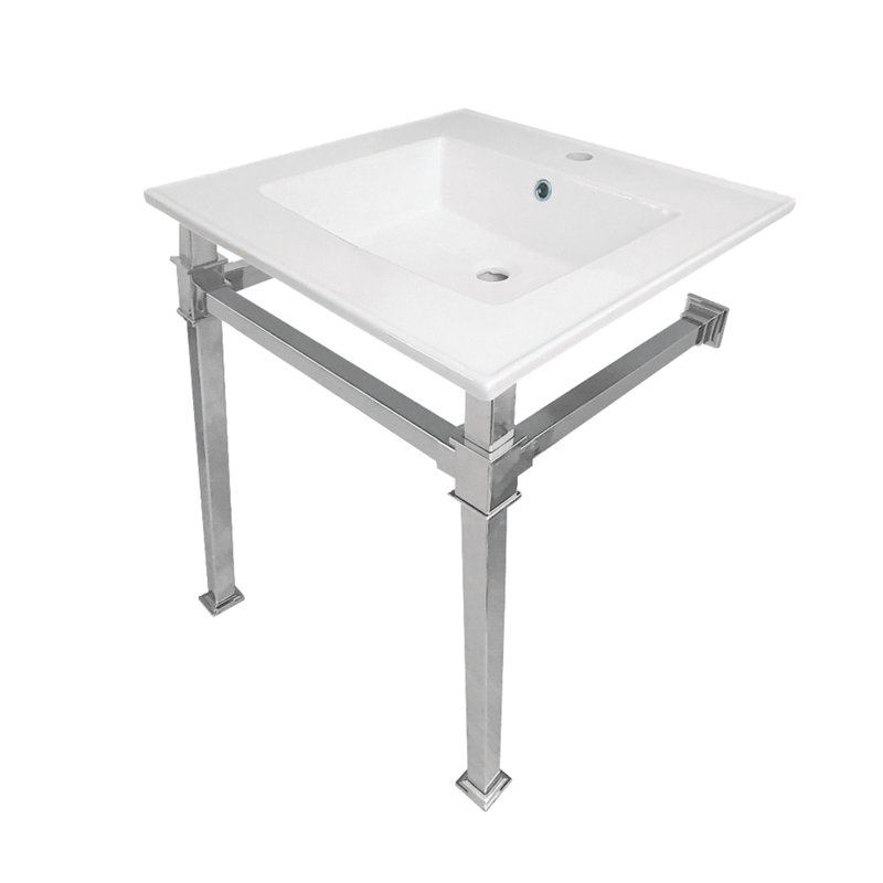 Lavabo de salle de bain console rectangulaire en céramique avec trop-plein Monarch, Blanc / chrome poli