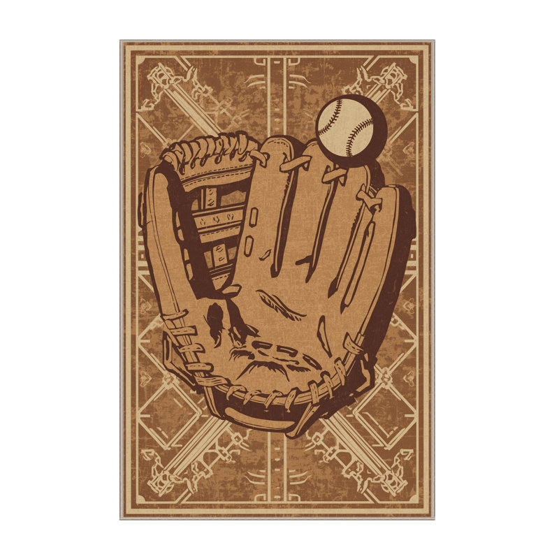Machine Washable Medford Baseball Glove Catch Vintage Vintage Look Rug in Brown – Beige Binding, 8x12
