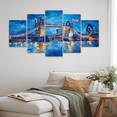 Moonlight On Tower Bridge Lights In London I - England Wall Art - Traditional Wall Art Decor 5 Piece