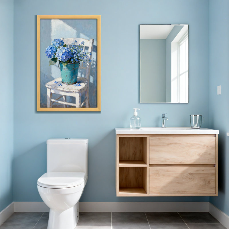Plantes et fleurs Fleurs bleues dans un seau rustique sur une chaise, H 24 po x l 16 po, Toile tendue, Ne s’applique pas