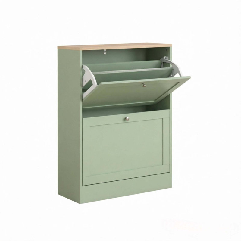 12 Pair Shoe Storage Cabinet, Green;Light Oak