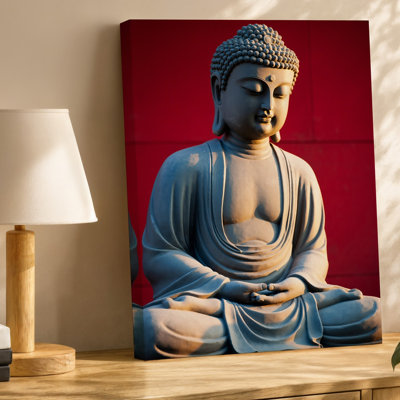 Toile, statue de Bouddha sereine posée dans une pose méditative, art mural détaillé avec des robes fluides et une toile sereine