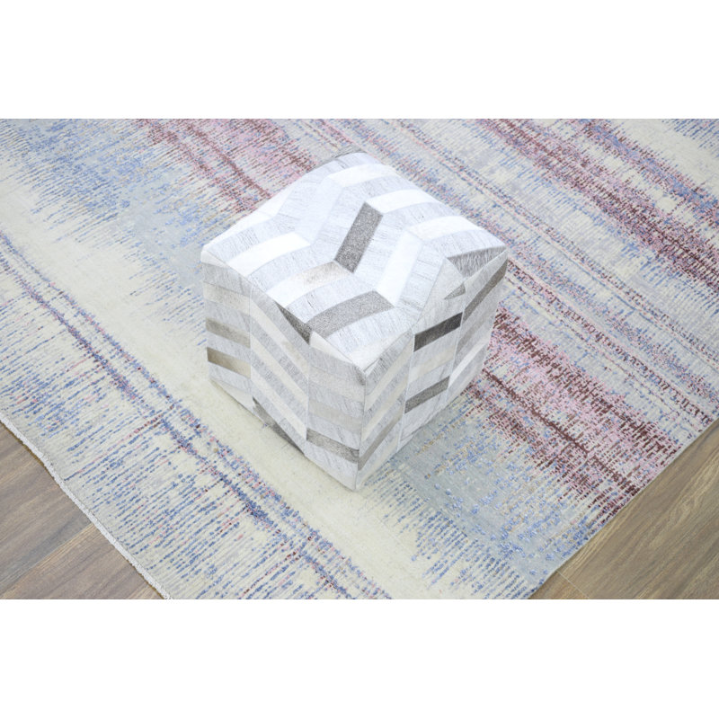 Zealand Leather Pouf, White/Grey Genuine Leather