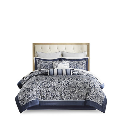 Navy King 12 Piece Bedding , Relaxing 100% Cotton Sheets, Stylish Paisley Pattern, 2 Shams, Decorative Pillows, Bed Skirt Comforter Pieces, Charming Design, Matching