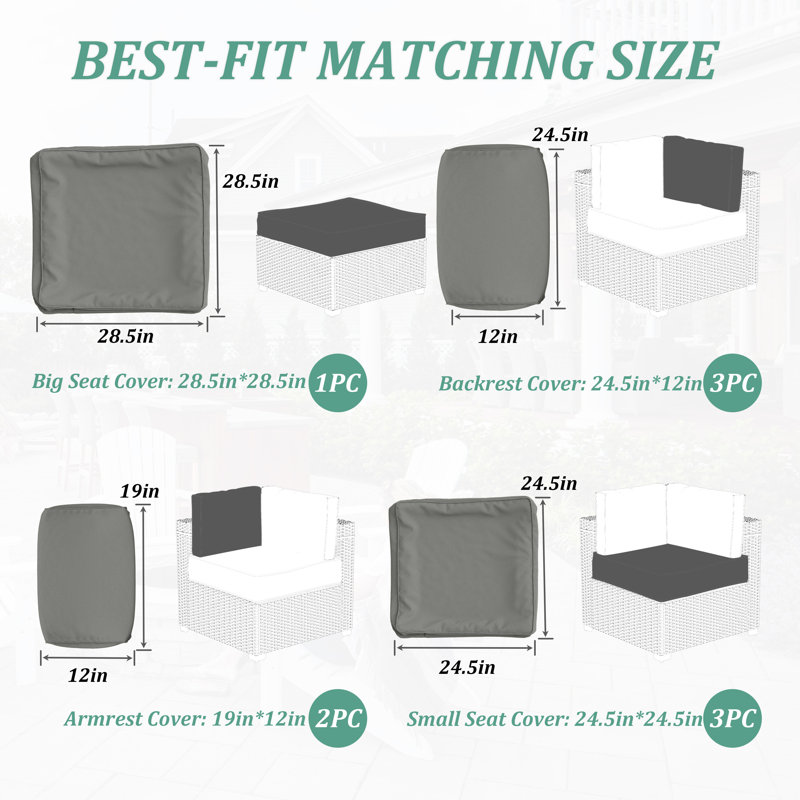 9-Piece Outdoor Cushion Cover Set (Set Of 3 Seats , 5 Backs, 1 Footrest)， Only Covers, Light Gray