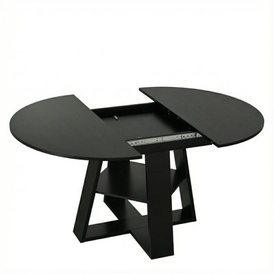 43.3In-59In Extendable Round Dining Table For 4-8, Modern Kitchen Oval Dining Table With Removable Leaves, Space-Saving Wood Base With Storage Shelf For Kitchen Living Room (Black)