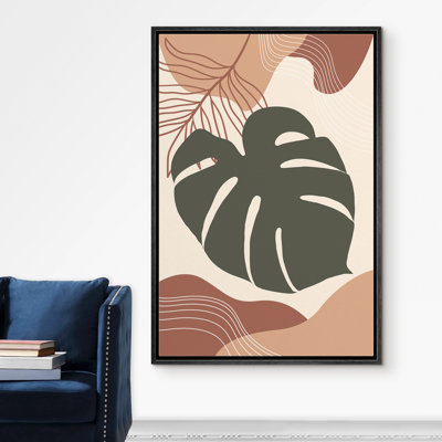 Signe, reproduction d'art sur toile encadrée, feuilles de Monstera avec taches de peinture brune, illustrations de plantes modernes, art tropical chaud pour le salon. Chambre à coucher. Bureau - 24 po x 36 po blanc