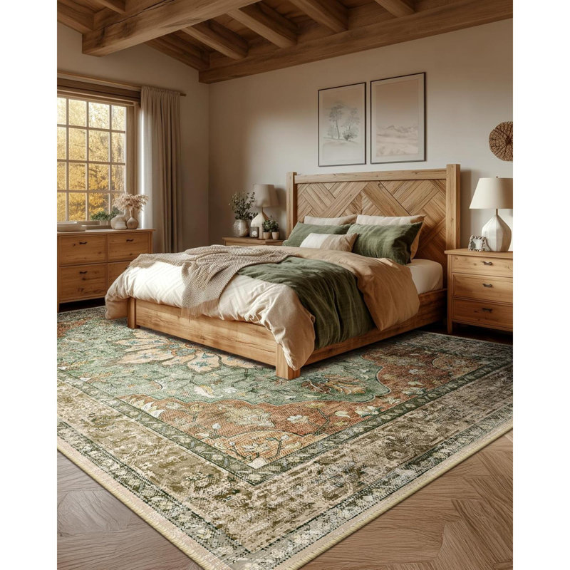 Area Rugs Washable Non-Slip Floral Vintage Distress Print Pattern Medallion Carpet For Living Room Bedroom Dining Room Brick Rust Neutral Burnt