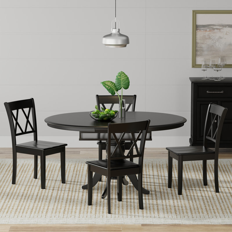 Uman Solid Wood Top Pedestal Dining Set, 5 Piece Dining Set, Black, Black