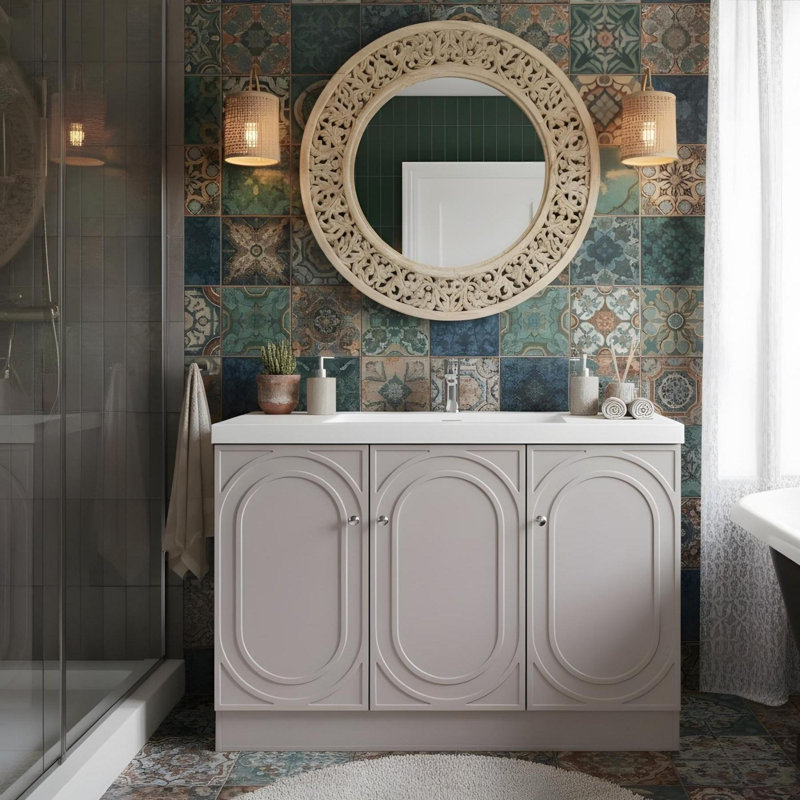Meuble-lavabo autoportant avec lavabo en résine blanche, Kaki