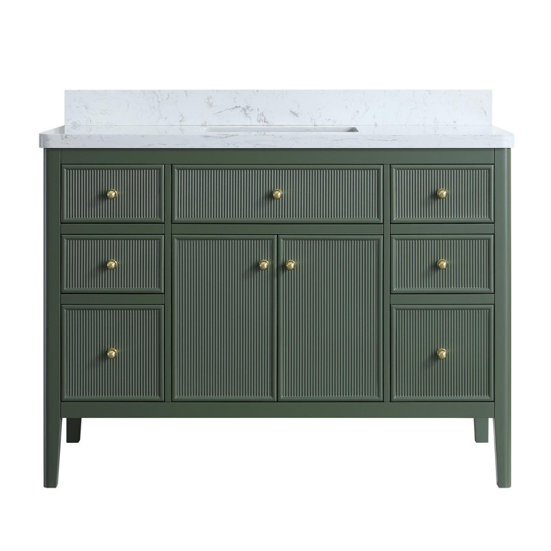 Ensemble de meuble-lavabo sur pied simple 48 po avec structure en bois massif et plateau en marbre d'ingénierie, Vert