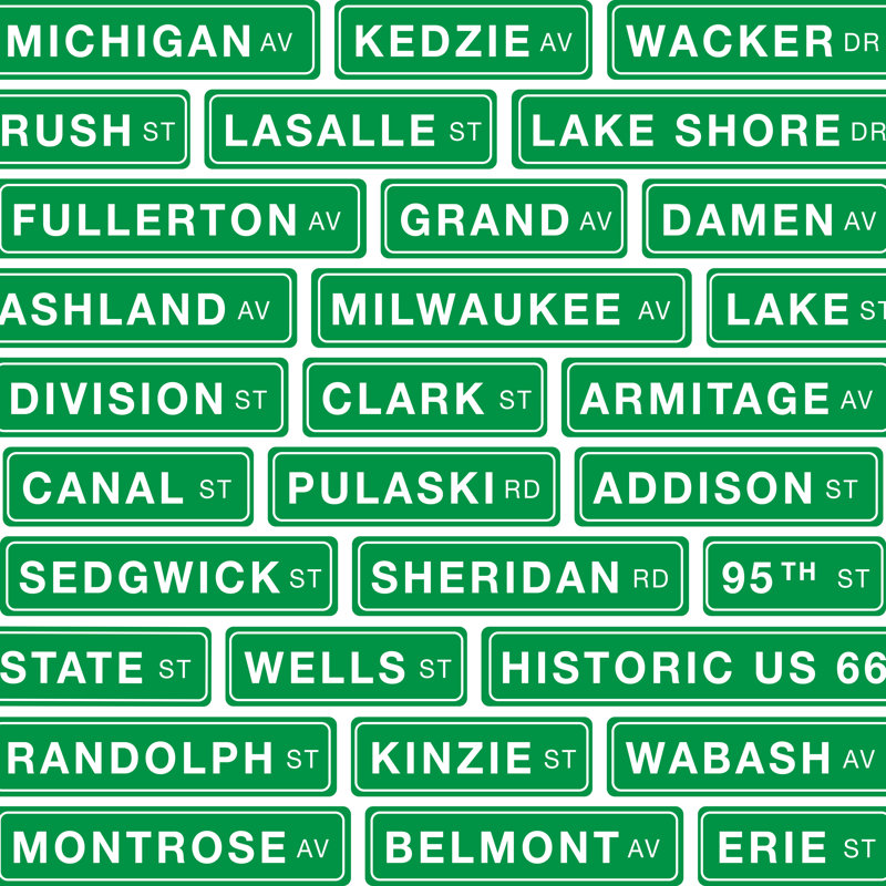 «Famous Chicago Streets» par Stop The Presses on, Pas de tapis, H 20 po x l 20 po, Papier avec cadre simple argenté