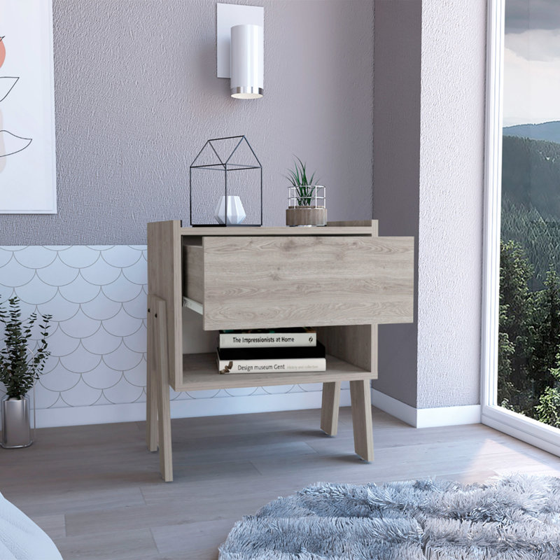 Table de chevet H 22 po, un tiroir, une tablette ouverte, gris clair