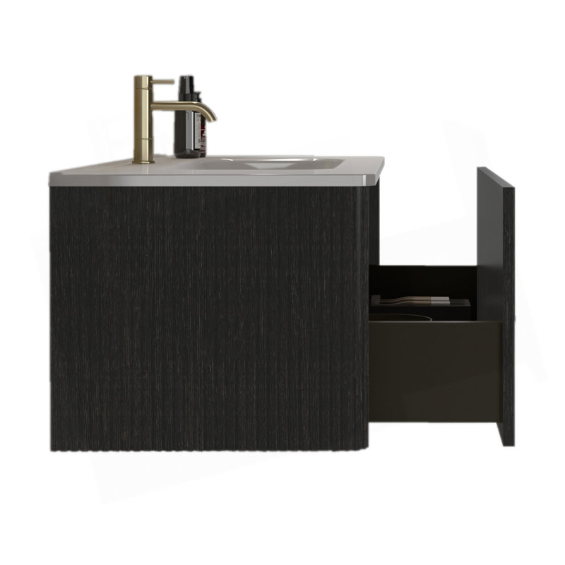 Meuble-lavabo élégant avec texture rayée et lavabo intégré pour un espace de salle de bain moderne et fonctionnel.