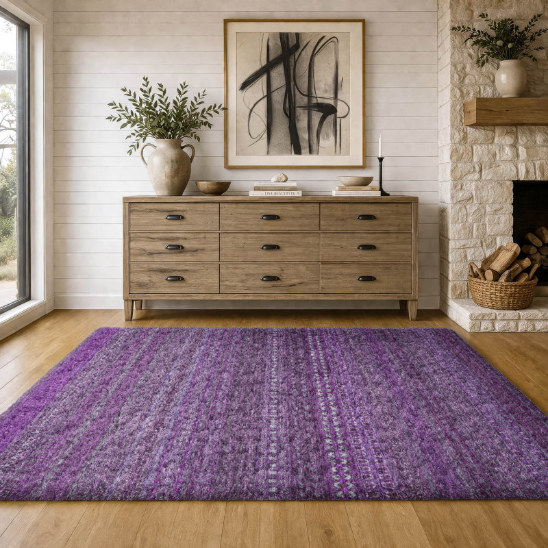 Premium Machine Washable Dream Shag ADS527 Striped Rug, 8' x 10', Eggplant