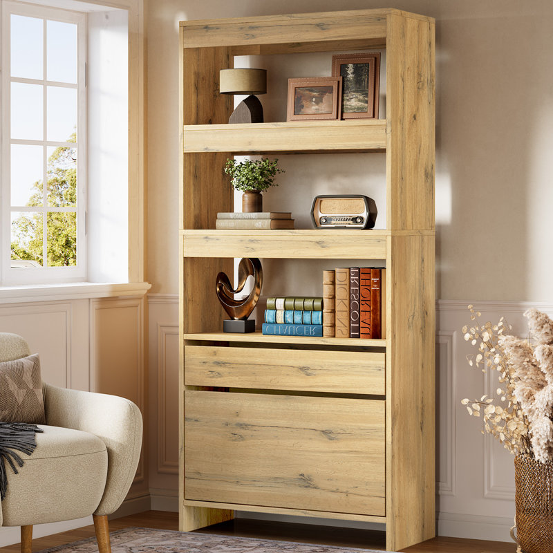 Tall Bookshelf with Storage Drawers,Modern Bookcase with File Cabinet
