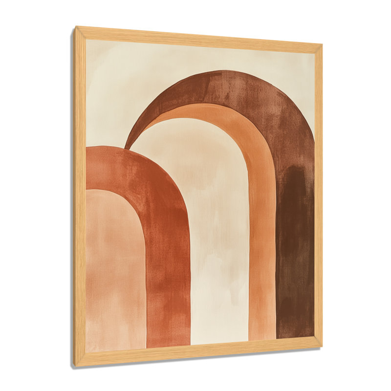 Composition en arc II - Formes abstraites - Tableau encadré aux tons terreux rose et brun, H 32 po x l 24 po