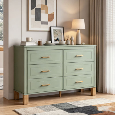 6-Drawer Double Dresser, Modern Storage Cabinet with Metal Handles & Solid Wood Legs