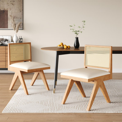 Chaises de salle à manger Chandigarh, chaises de cuisine rembourrées en rotin (lot de 2), rotin naturel et coussin beige