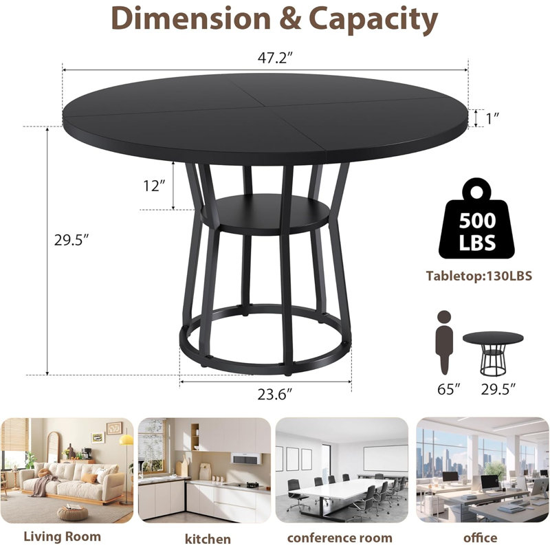 Farmhouse Round Dining Table for 4-6, Wooden Table with Metal Base & Storage Shelf for Living Room Apartment Meeting Room