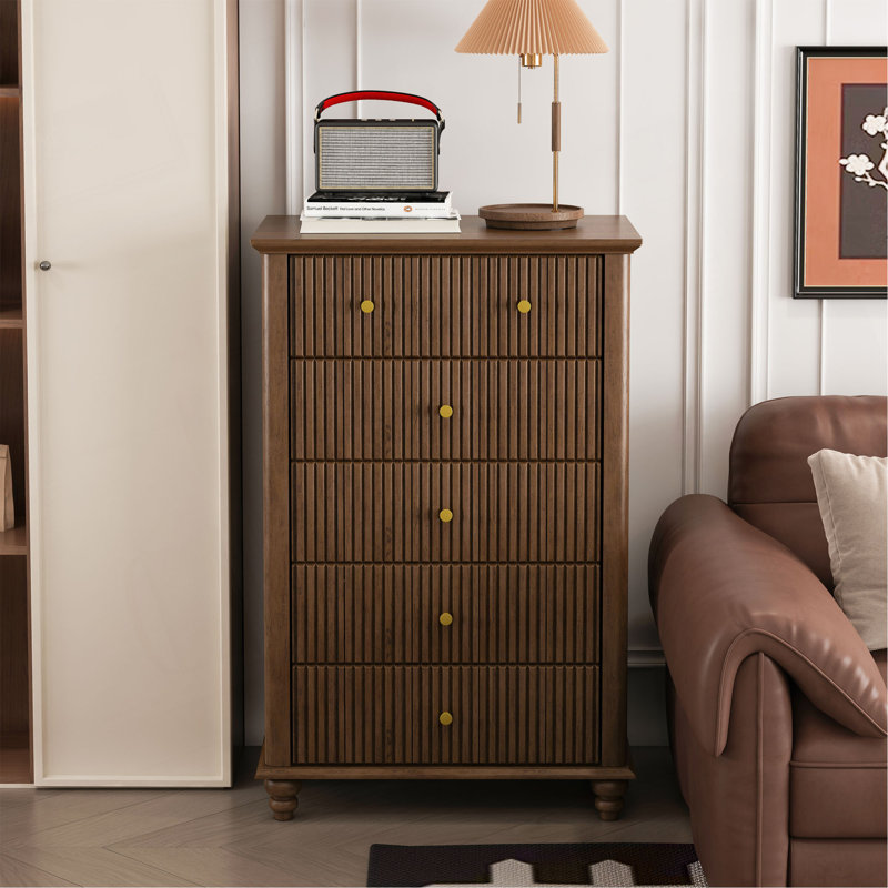 Fluted 5 Drawer Dresser, 45 Inch Tall Modern Chest Of Drawers, Bedroom Dresser With Metal Handle, Wooden Drawer Organizer For Bedroom, Living Room, Hallway, Entryway