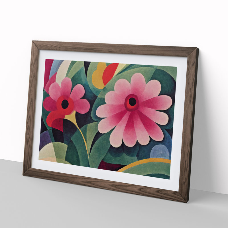 Cute Abstract Carnation Flowers - Framed Print, 25cm H x 34cm W x 2cm D, Walnut