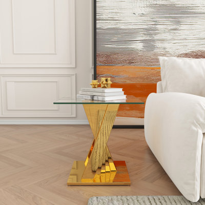 Table de bout en verre trempé avec base en acier inoxydable au fini miroir argenté