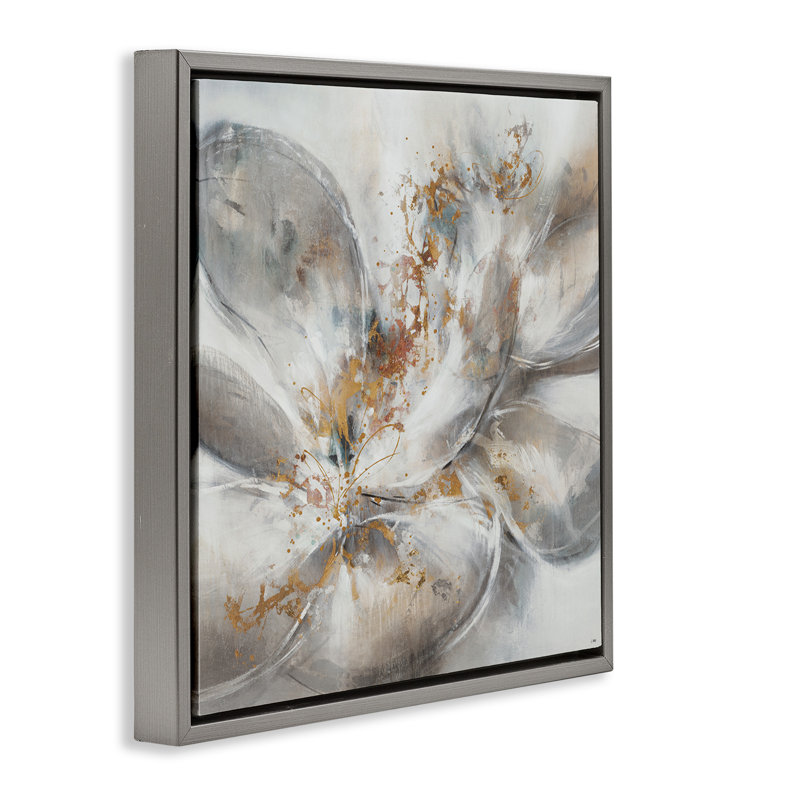 Peinture abstraite fleurie, Cadre flottant gris lustré, H 18 po x l 18 po
