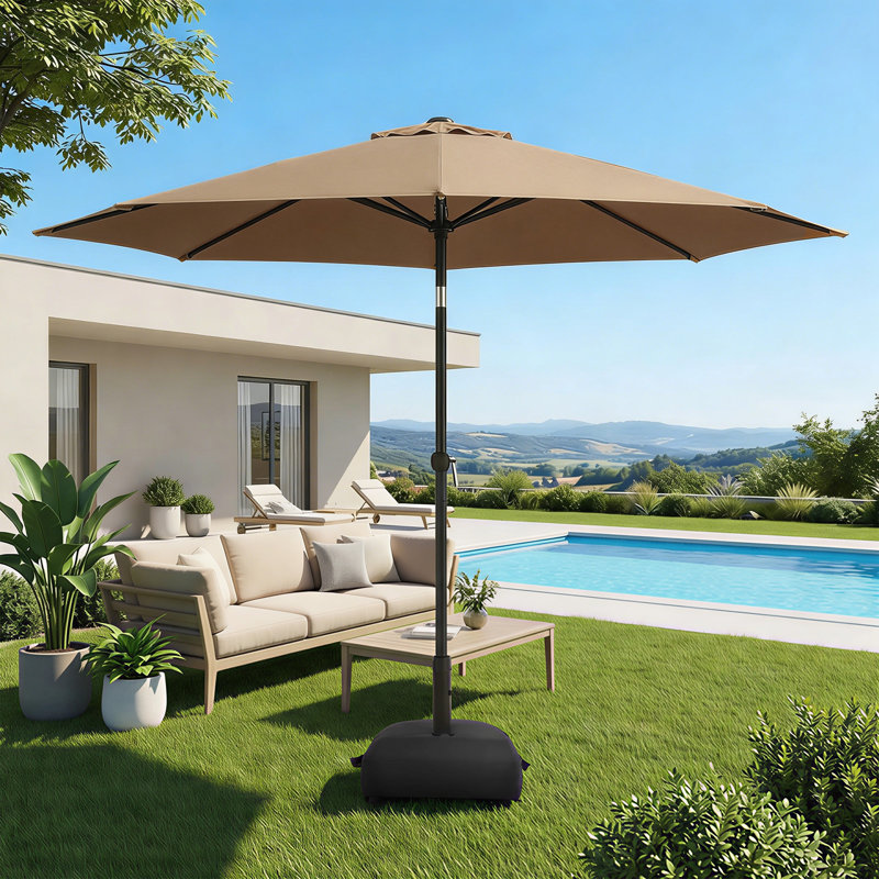 Parasol de marché 9 pi avec base et bouton poussoir inclinable 9 pi, Tanné