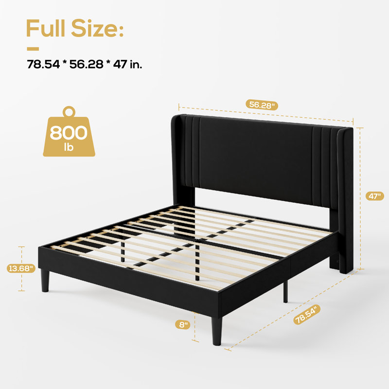 Low-Profile Velvet Upholstered Platform Bed with Wingbacks, Full, Black