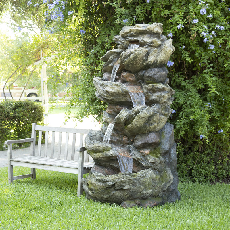 Fiberglass and Resin Tiered Woodcut Fountain, 40" H x 13" W x 15" D