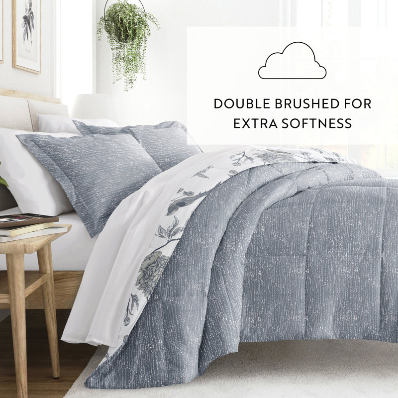 Light Blue Floral Down Alternative Reversible Comforter Set, Full