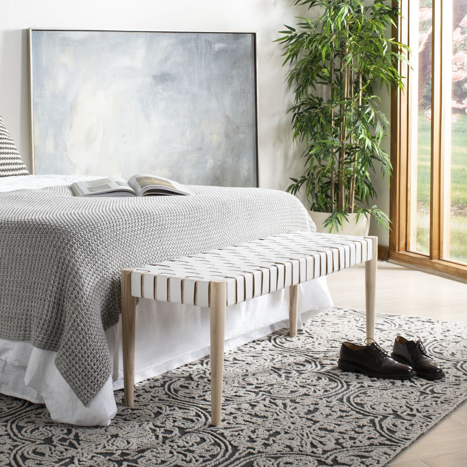 Orin 47" Woven Leather Dining Bench, Light Oak Frame/Off-White Leather