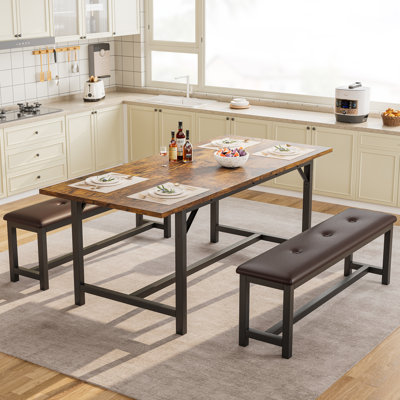 Extendable Dining Table Set for 4-6 – 3-Piece Rectangle Dining Furniture with 2 Upholstered Benches – Space-Saving Metal Frame – Perfect for Apartment