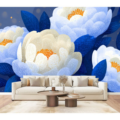 Papier peint adhésif floral avec motif de pivoines or blanc et feuilles bleues métalliques brillantes métalliques H 69 po x l 96 po, papier peint amovible en PVC, peinture murale auto-adhésive, décoration pour chambre de garçon, salle de jeux Men Cave