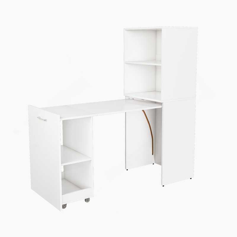 Bureau pliable extensible avec tablettes de rangement et roues mobiles pour petits appartements et bureaux, blanc, Blanc